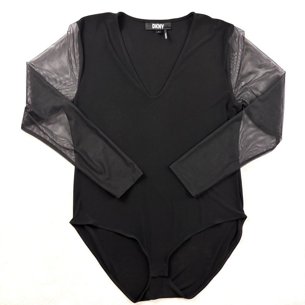 DKNY Black V-Neck Sheer Arms Double Snap Ballet Bodysuit Top (XL) - Picture 2 of 15
